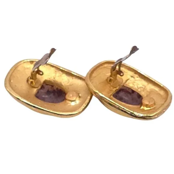 Vintage Gold-Tone Clip-On Earrings With Red Stone Cabochons Oval Shape - Picture 3 of 4